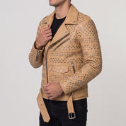 Men's Tan Studded Leather Biker Jacket — Abberidge