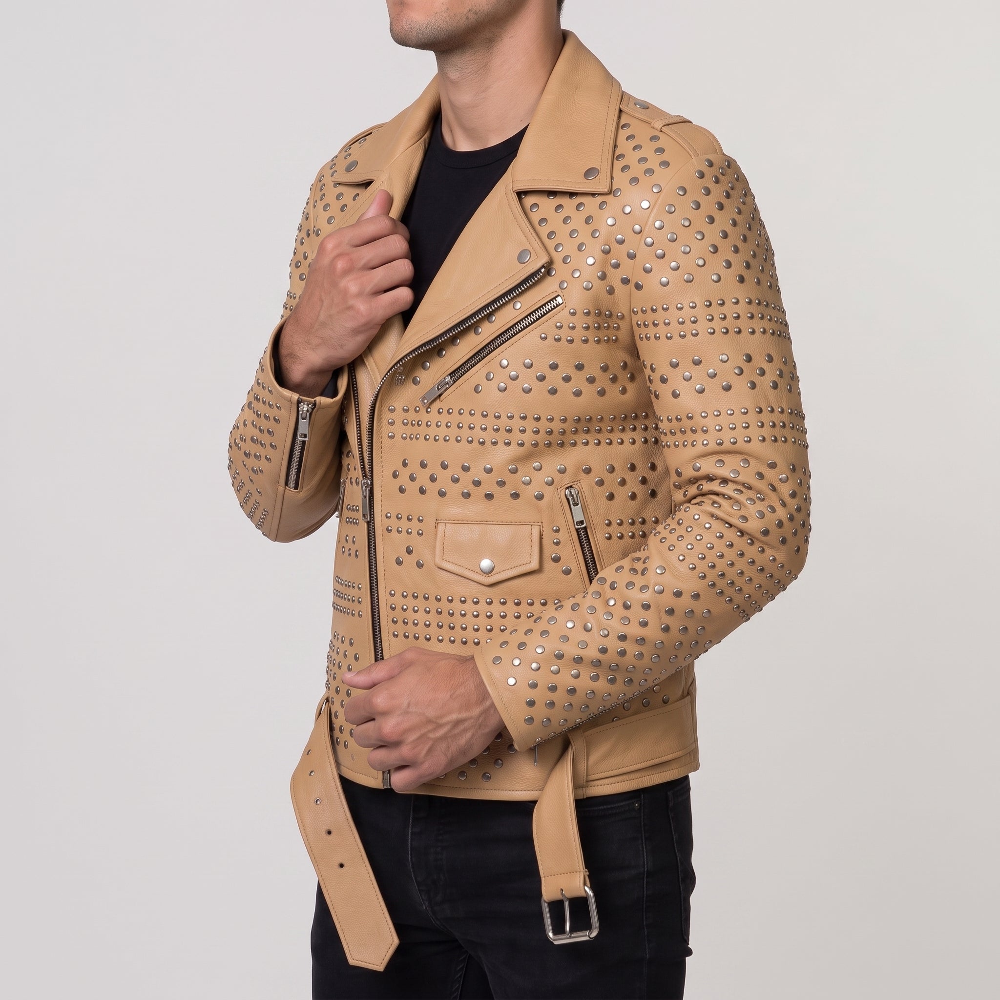 Men's Tan Studded Leather Biker Jacket — Abberidge
