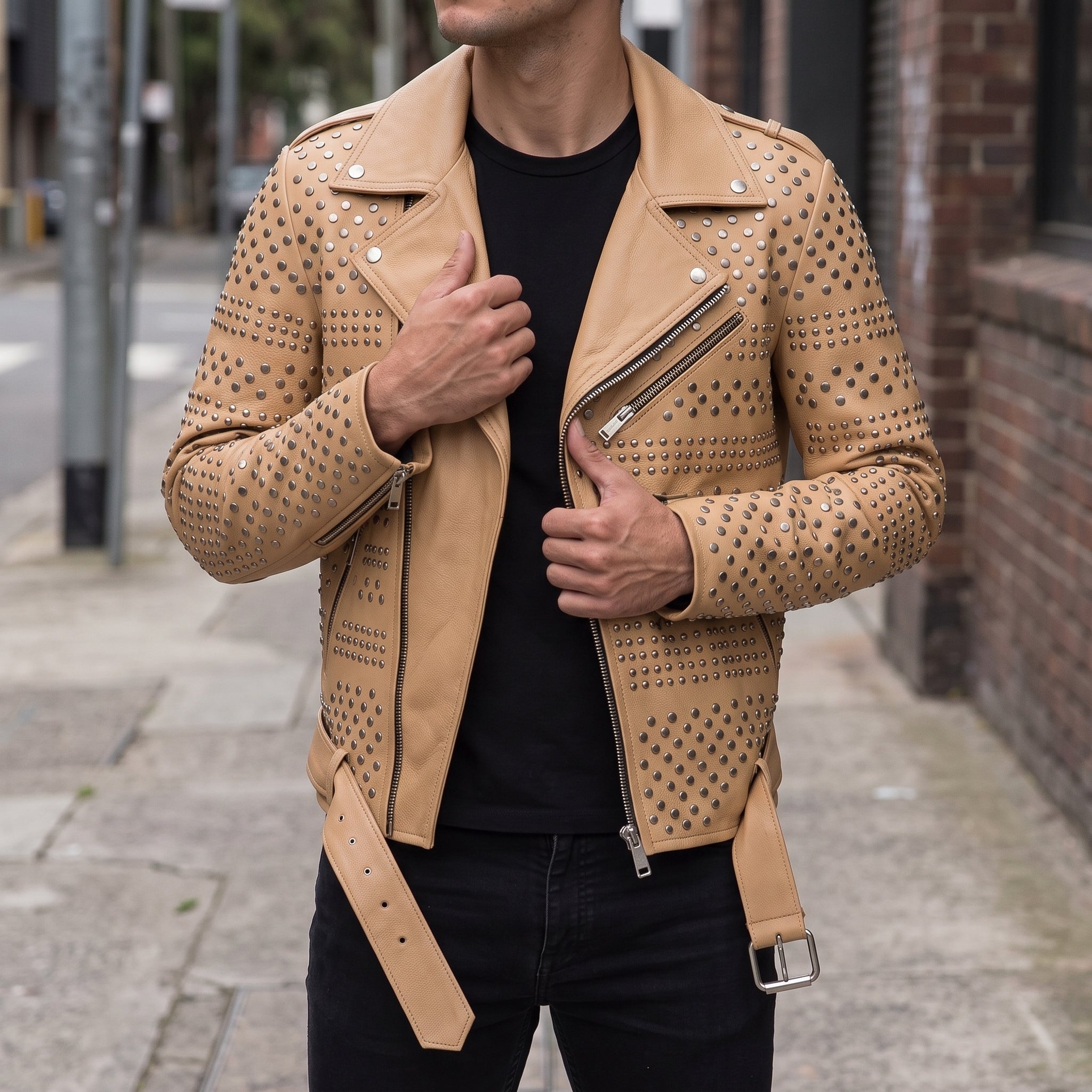 Men's Tan Studded Leather Biker Jacket — Abberidge