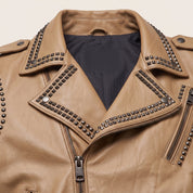 Men's Tan Studded Leather Biker Jacket — Abberthorpe