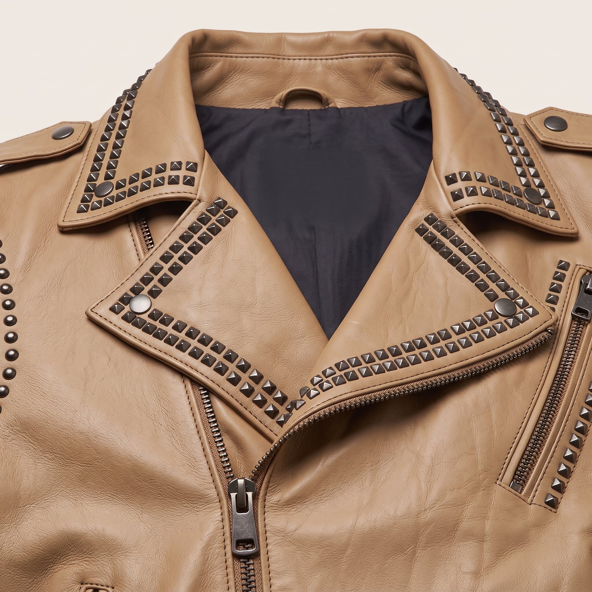 Men's Tan Studded Leather Biker Jacket — Abberthorpe