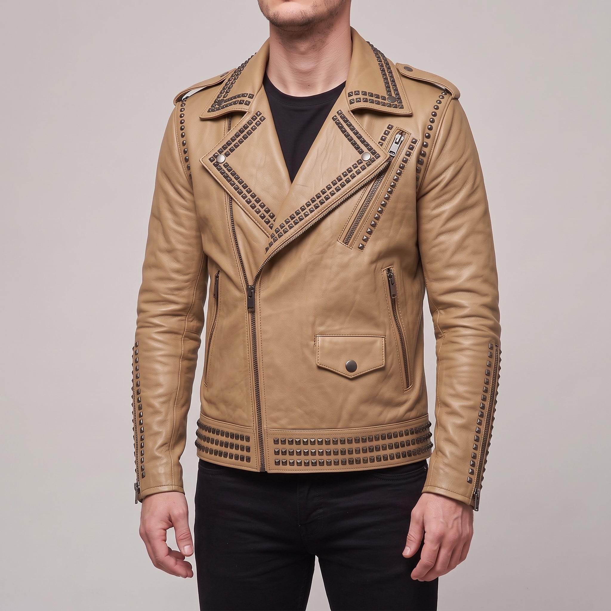Men's Tan Studded Leather Biker Jacket — Abberthorpe