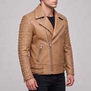 Men's Tan Studded Leather Biker Jacket — Acwood