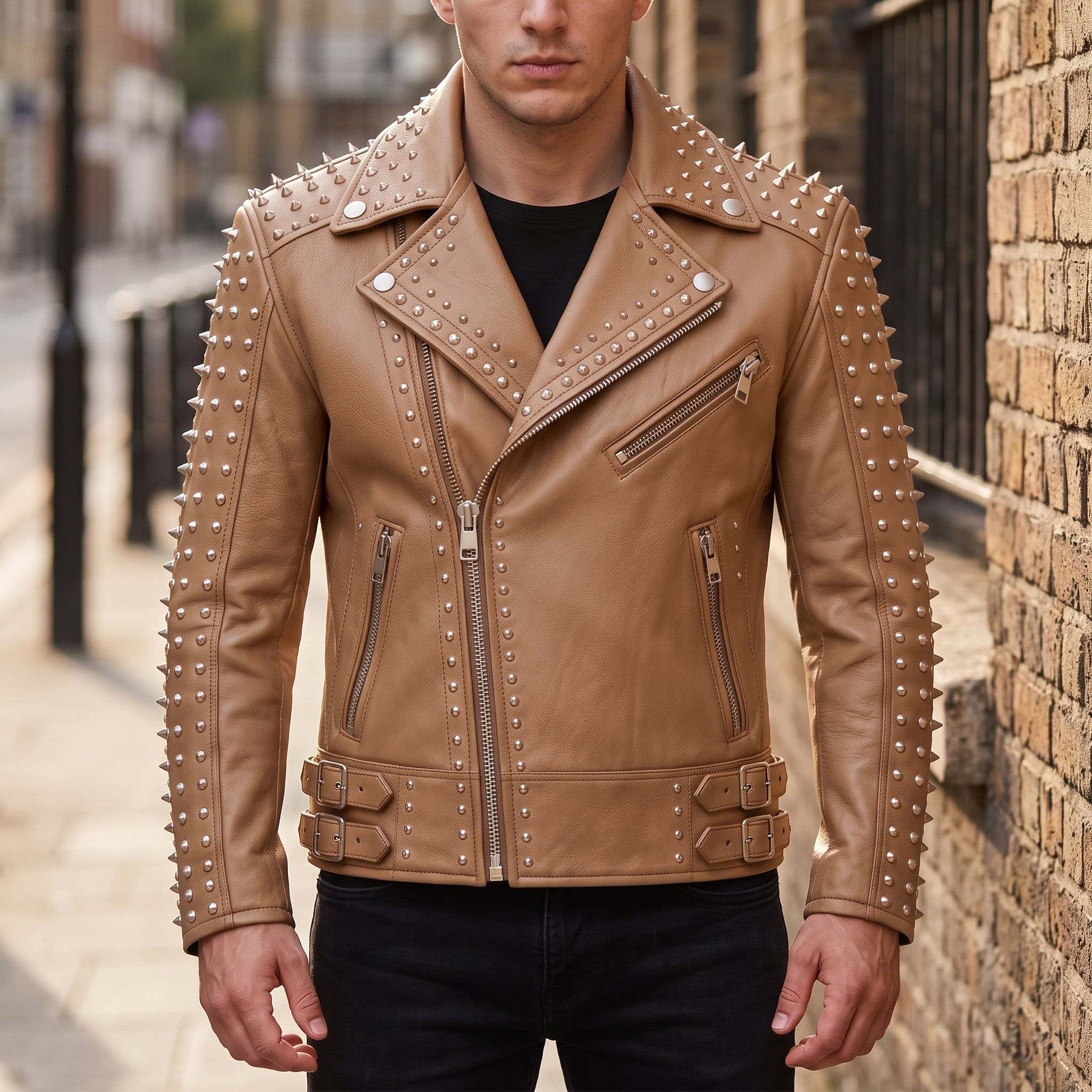 Men's Tan Studded Leather Biker Jacket — Acwood
