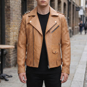 Men's Tan Studded Leather Biker Jacket — Burbidge
