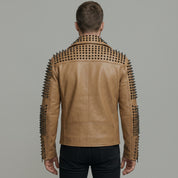 Men's Tan Studded Leather Biker Jacket — Carroll