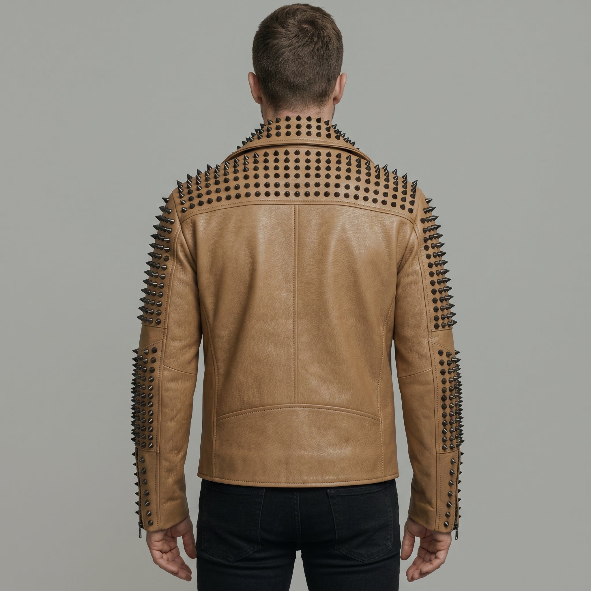 Men's Tan Studded Leather Biker Jacket — Carroll