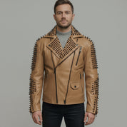 Men's Tan Studded Leather Biker Jacket — Carroll