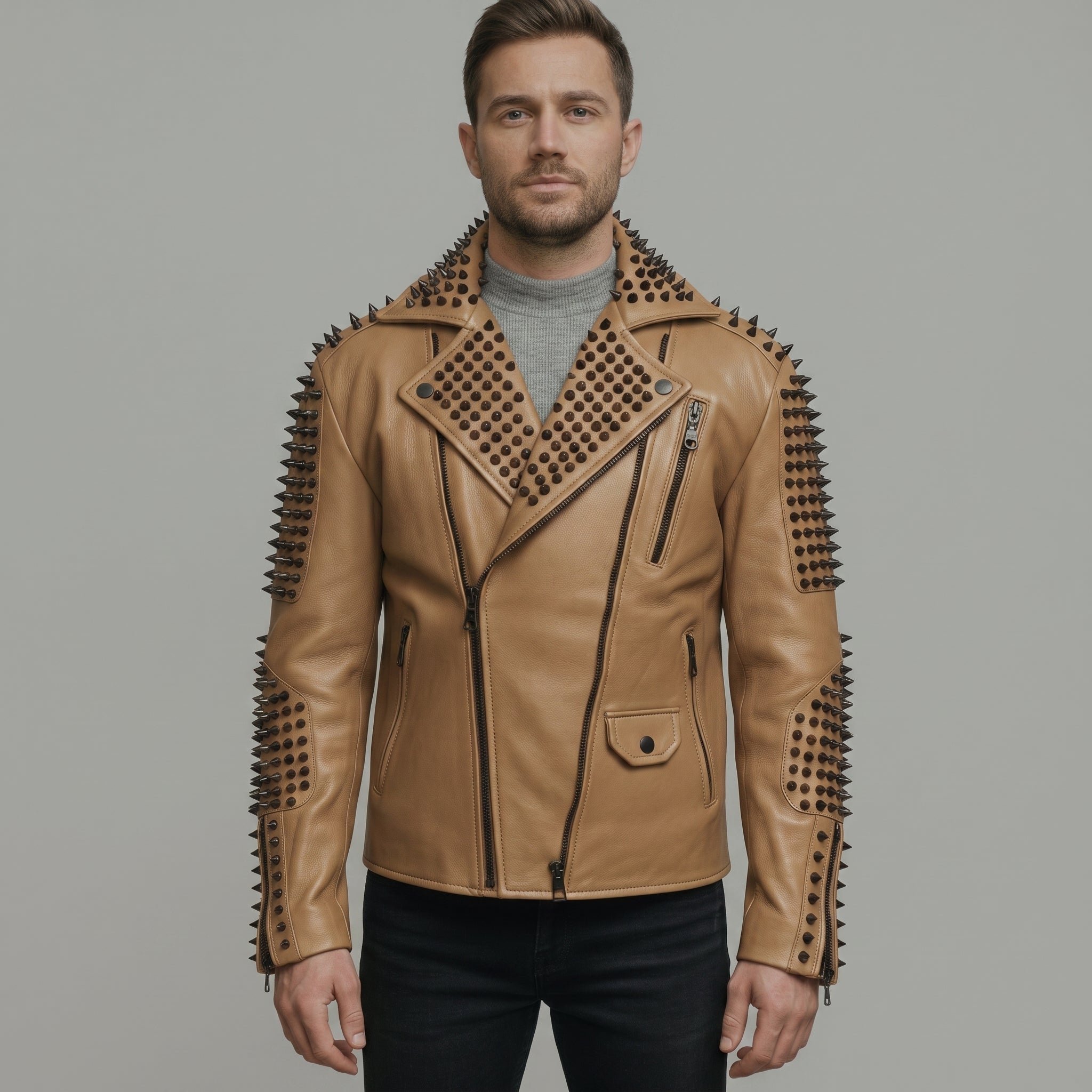 Men's Tan Studded Leather Biker Jacket — Carroll