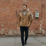 Men's Tan Studded Leather Biker Jacket — Carroll