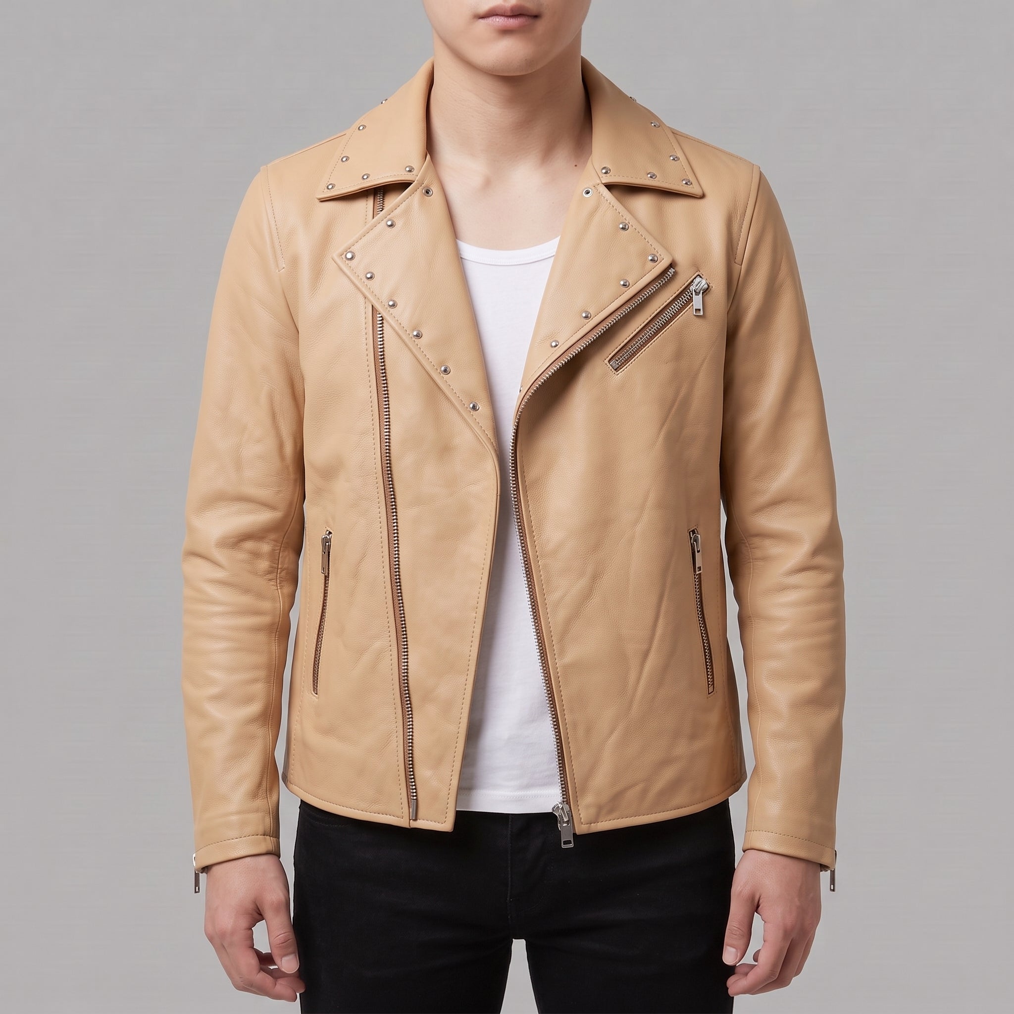 Men's Tan Studded Leather Biker Jacket — Fossett
