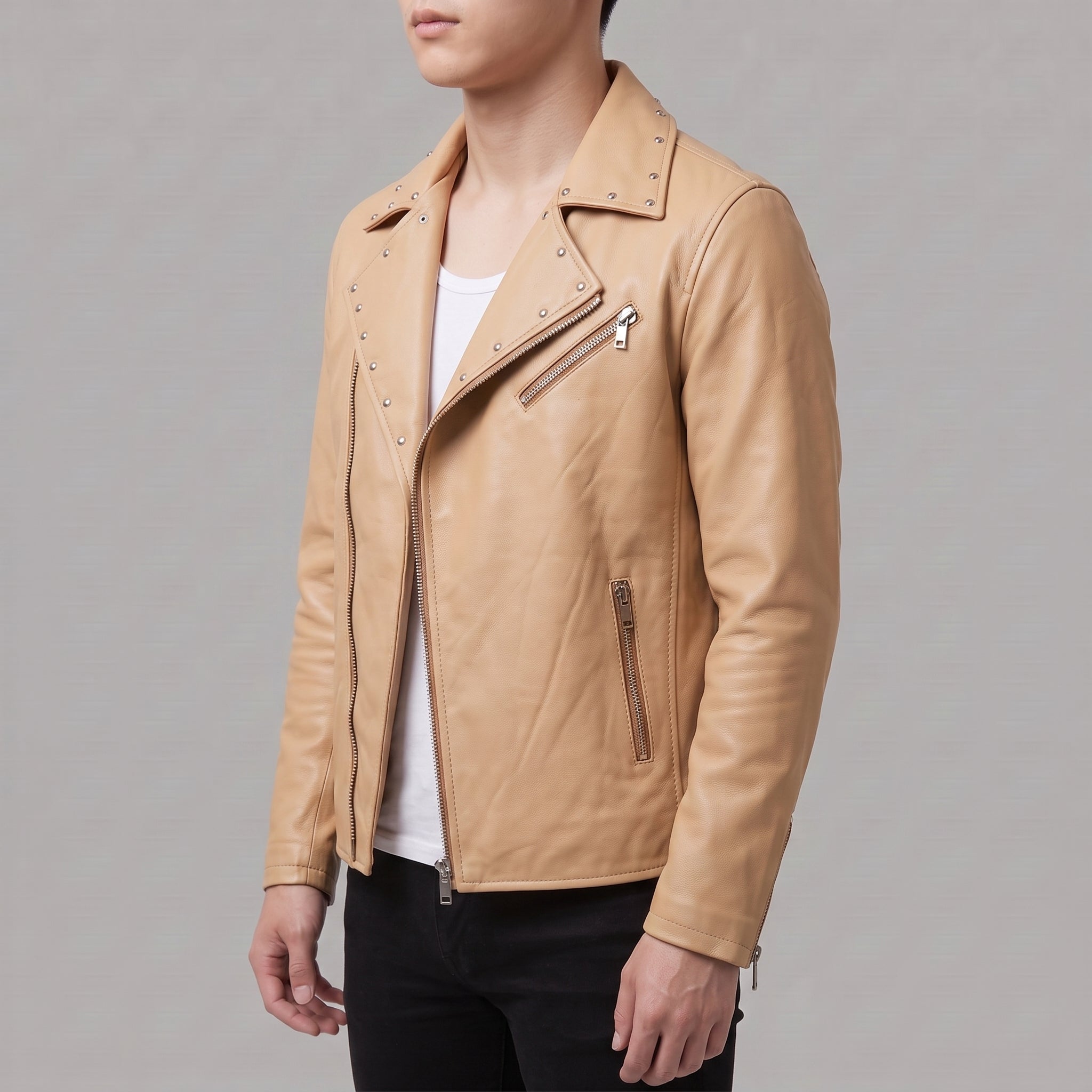 Men's Tan Studded Leather Biker Jacket — Fossett