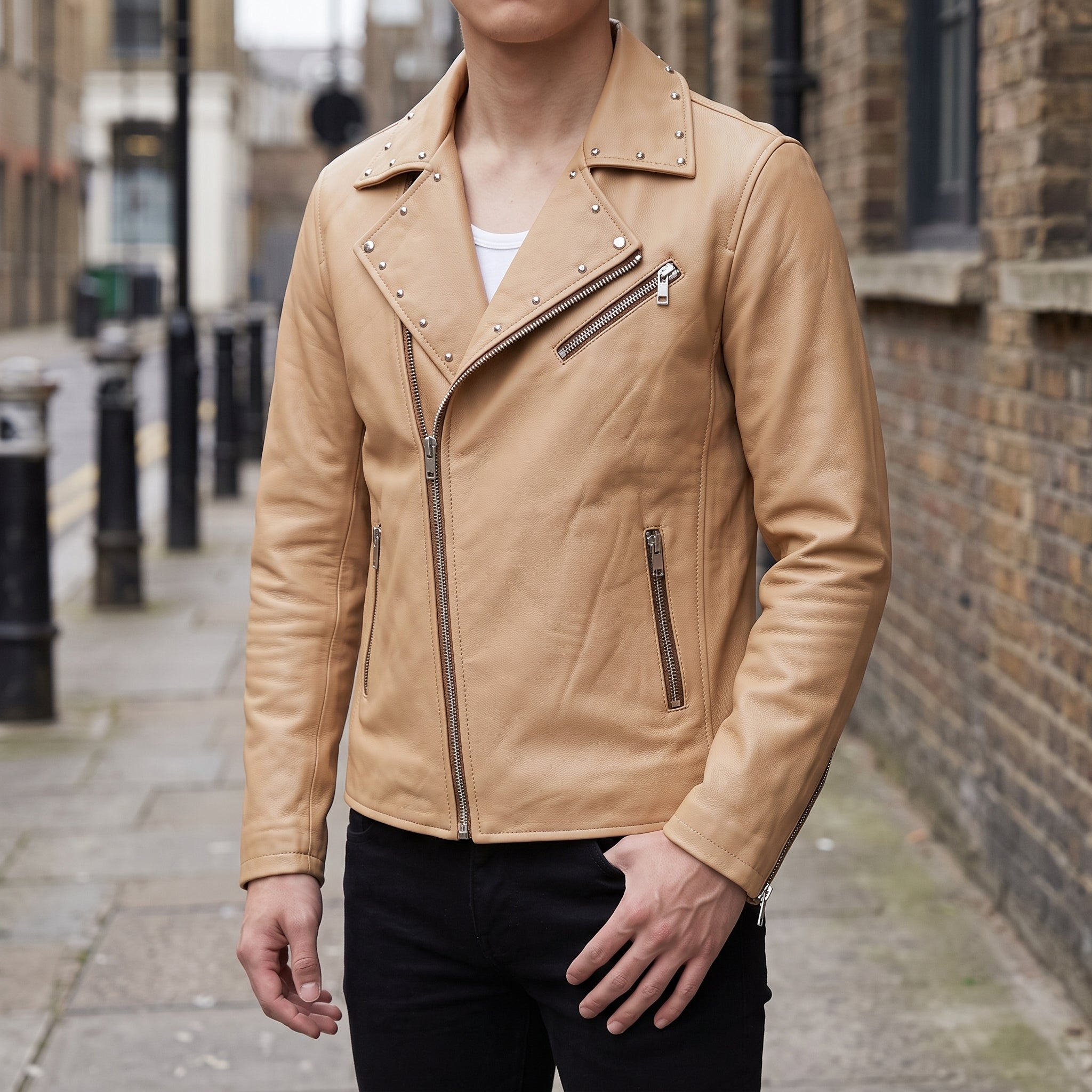 Men's Tan Studded Leather Biker Jacket — Fossett