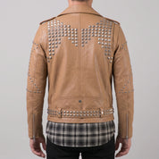 Men's Tan Studded Leather Biker Jacket — Greenshaw
