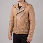 Men's Tan Studded Leather Biker Jacket — Greenshaw