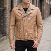 Men's Tan Studded Leather Biker Jacket — Greenshaw