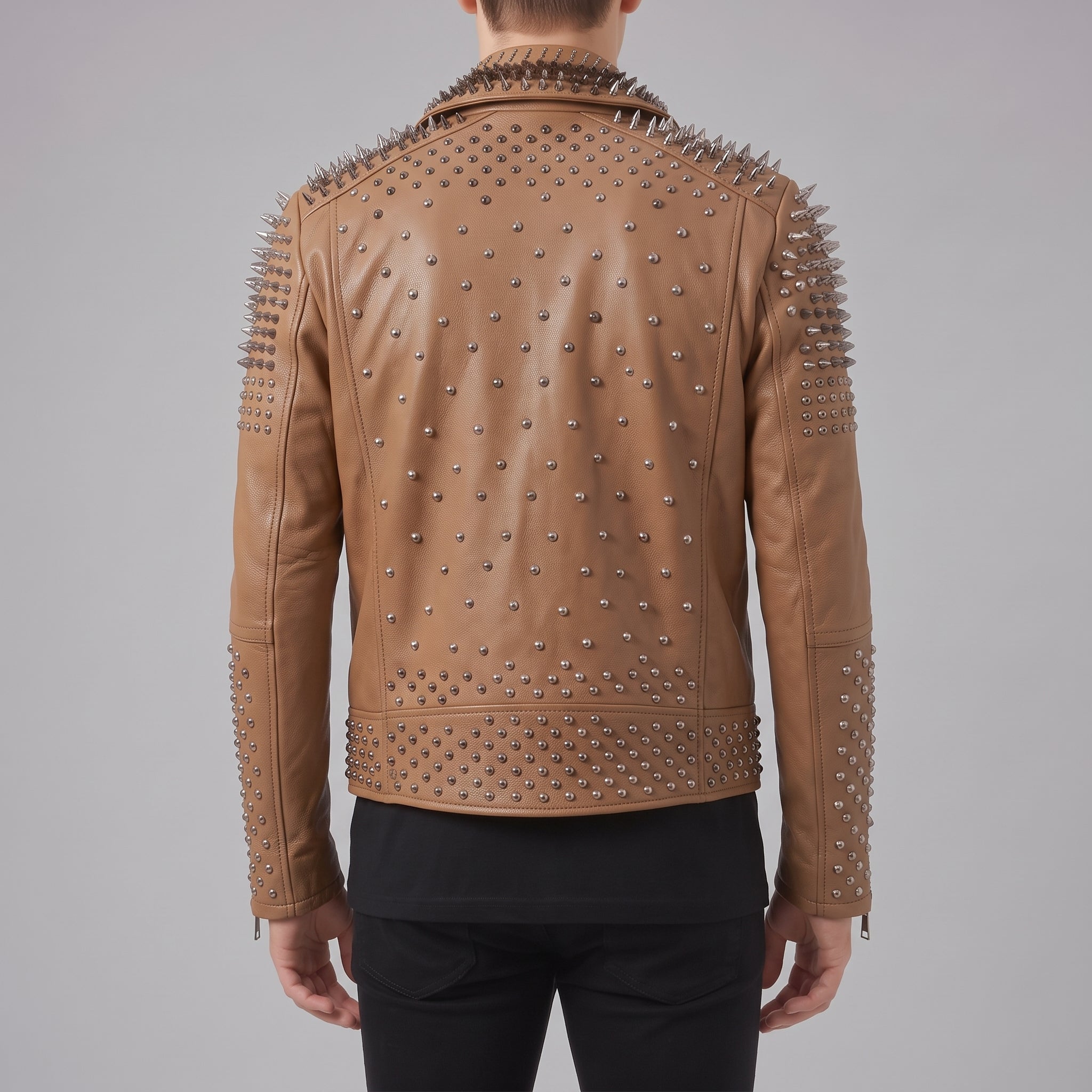 Men's Tan Studded Leather Biker Jacket — Lockwood