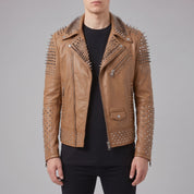 Men's Tan Studded Leather Biker Jacket — Lockwood