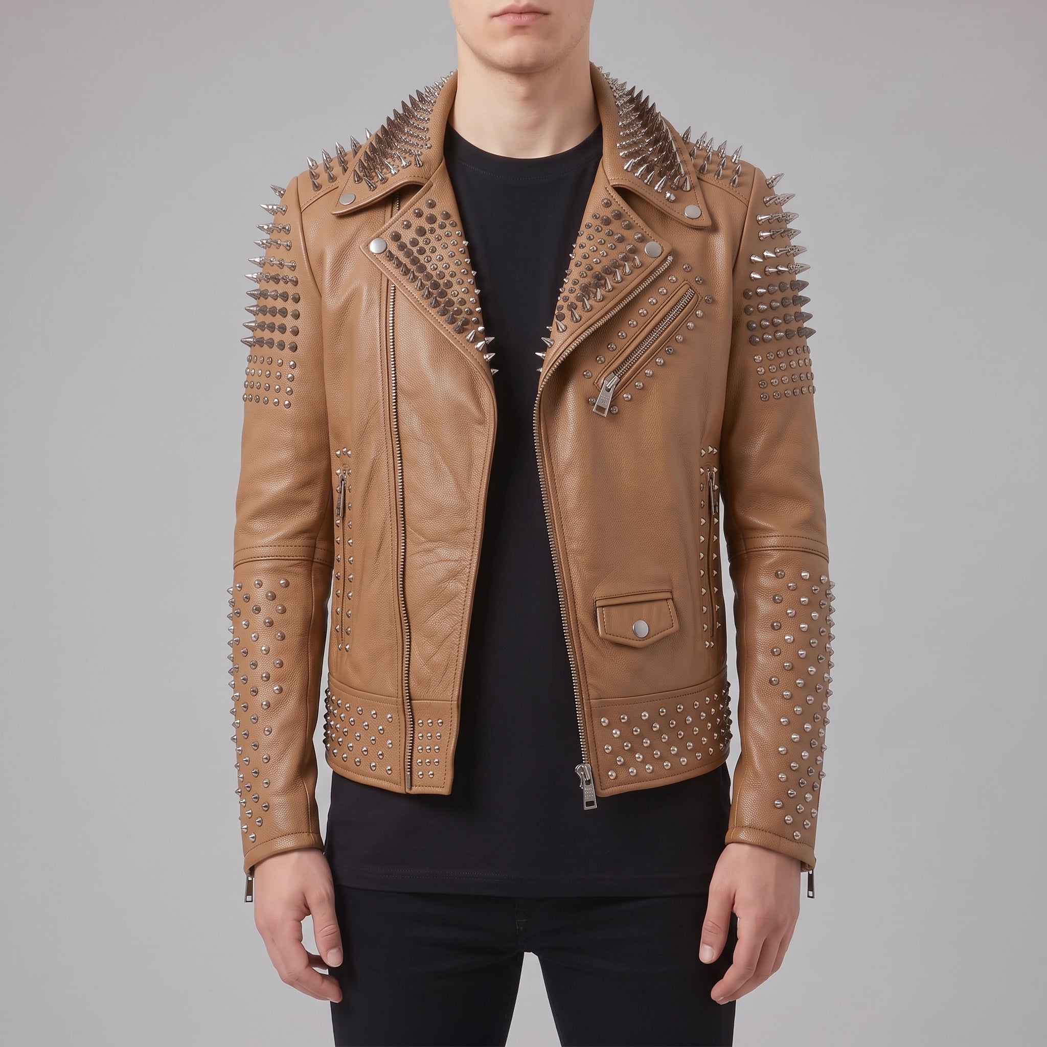 Men's Tan Studded Leather Biker Jacket — Lockwood