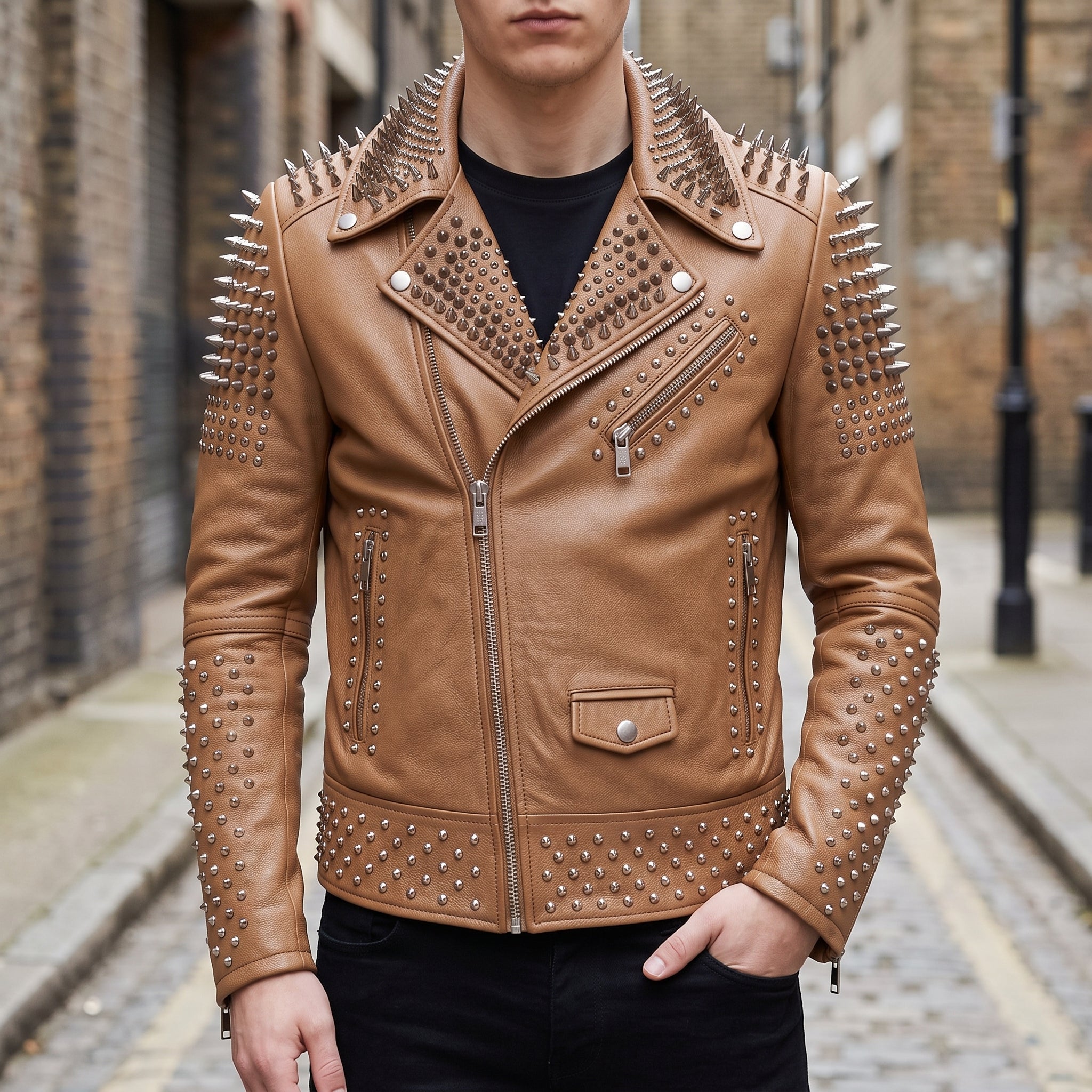 Men's Tan Studded Leather Biker Jacket — Lockwood