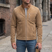 Men's Tan Suede Biker Jacket — Amesbury