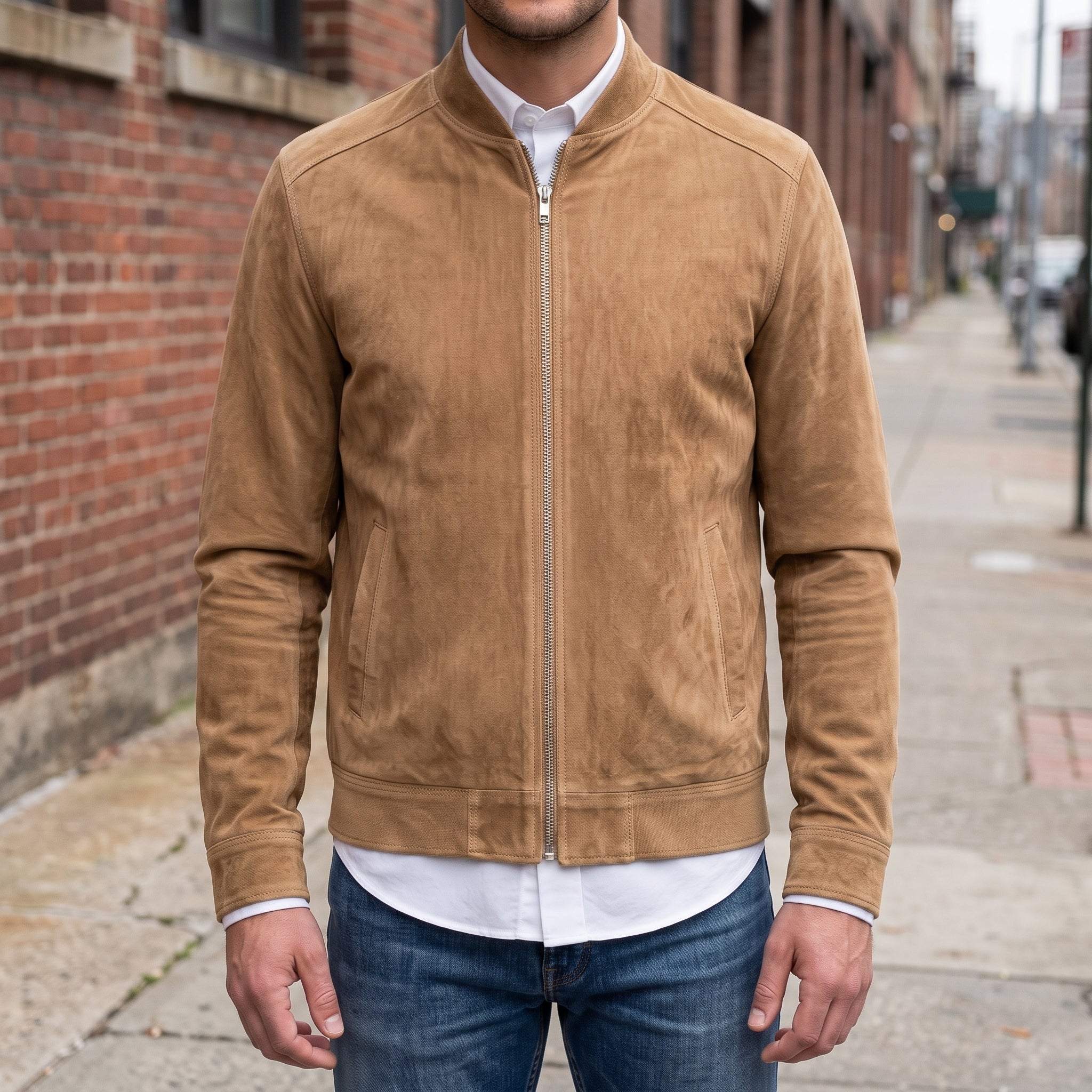 Men's Tan Suede Bomber Jacket — Collier