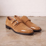 Men's Tan Suede Double Monk Strap Shoes — Lowell