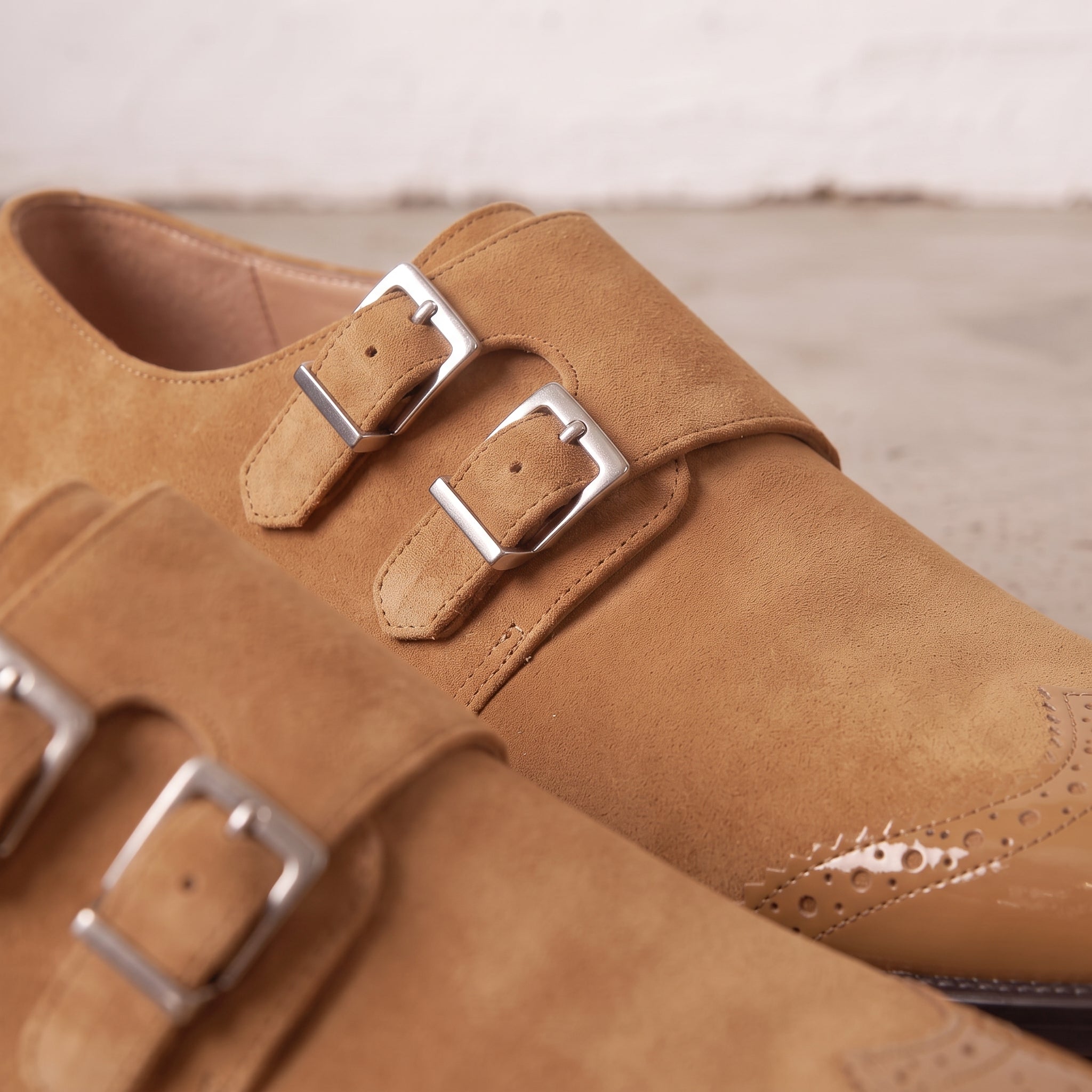 Men's Tan Suede Double Monk Strap Shoes — Lowell
