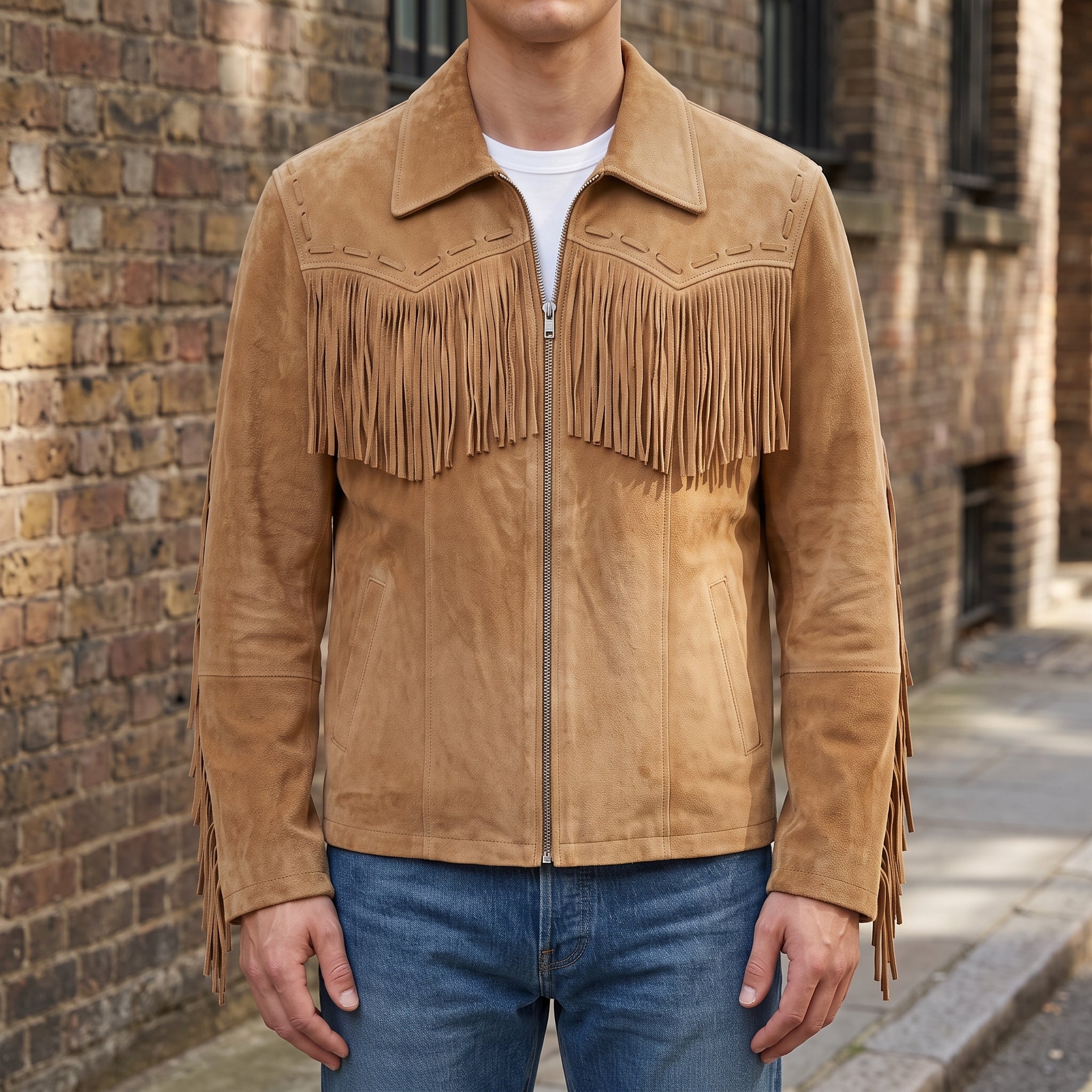 Men's Tan Suede Western Jacket with Fringes — Newbold