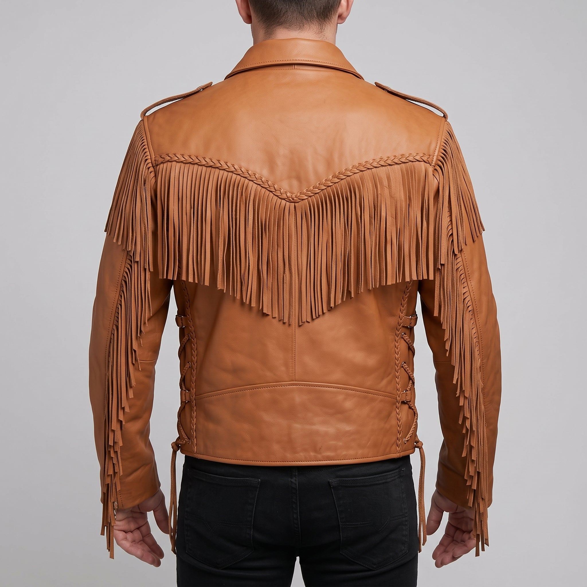Men's Tan Western Fringe Leather Biker Jacket — Gloucester