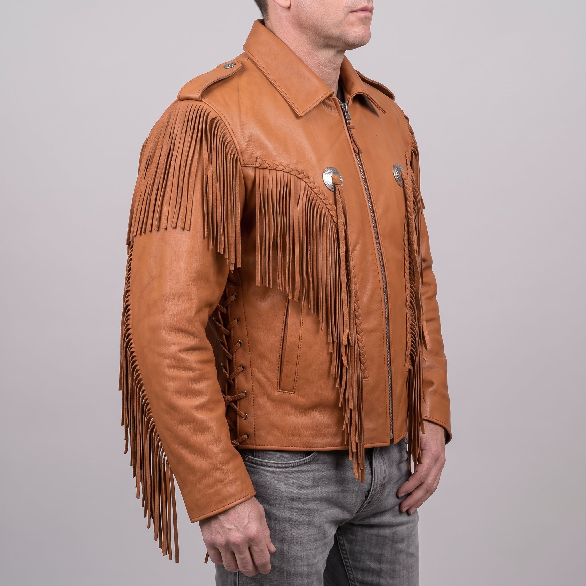 Men's Tan Western Fringe Leather Biker Jacket — Gloucester