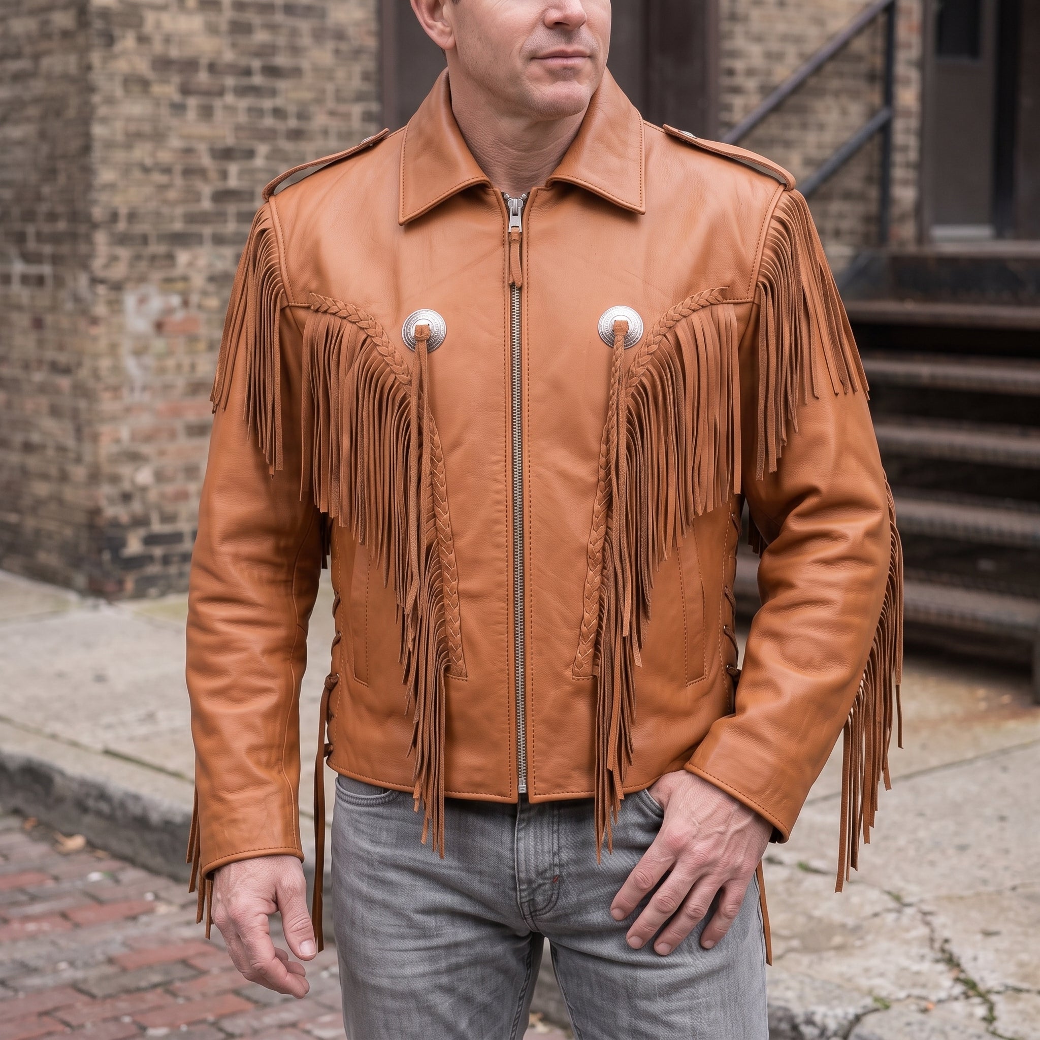 Men's Tan Western Fringe Leather Biker Jacket — Gloucester