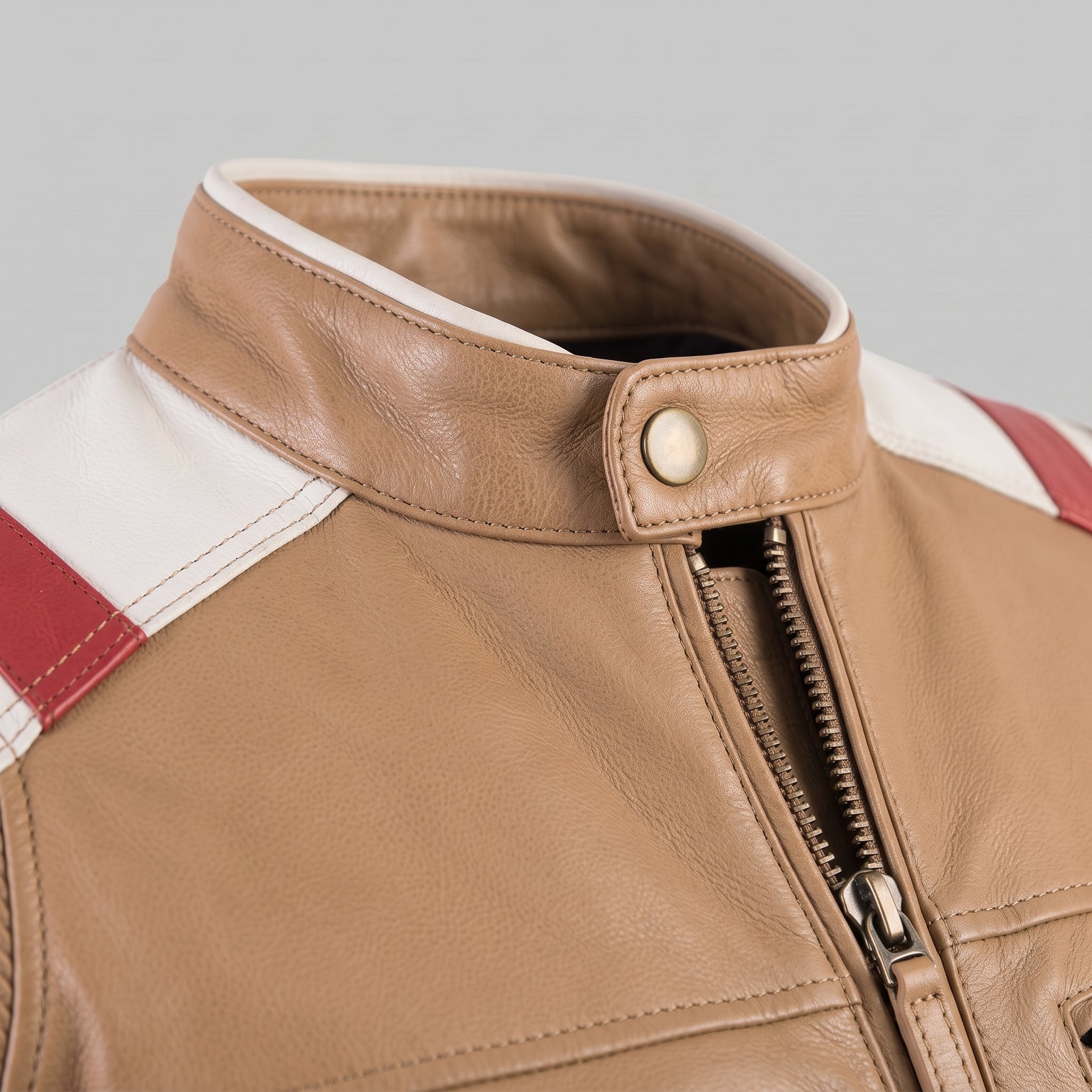 Men's Tan, White, and Red Leather Biker Jacket — Lovelace