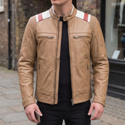 Men's Tan, White, and Red Leather Biker Jacket — Lovelace