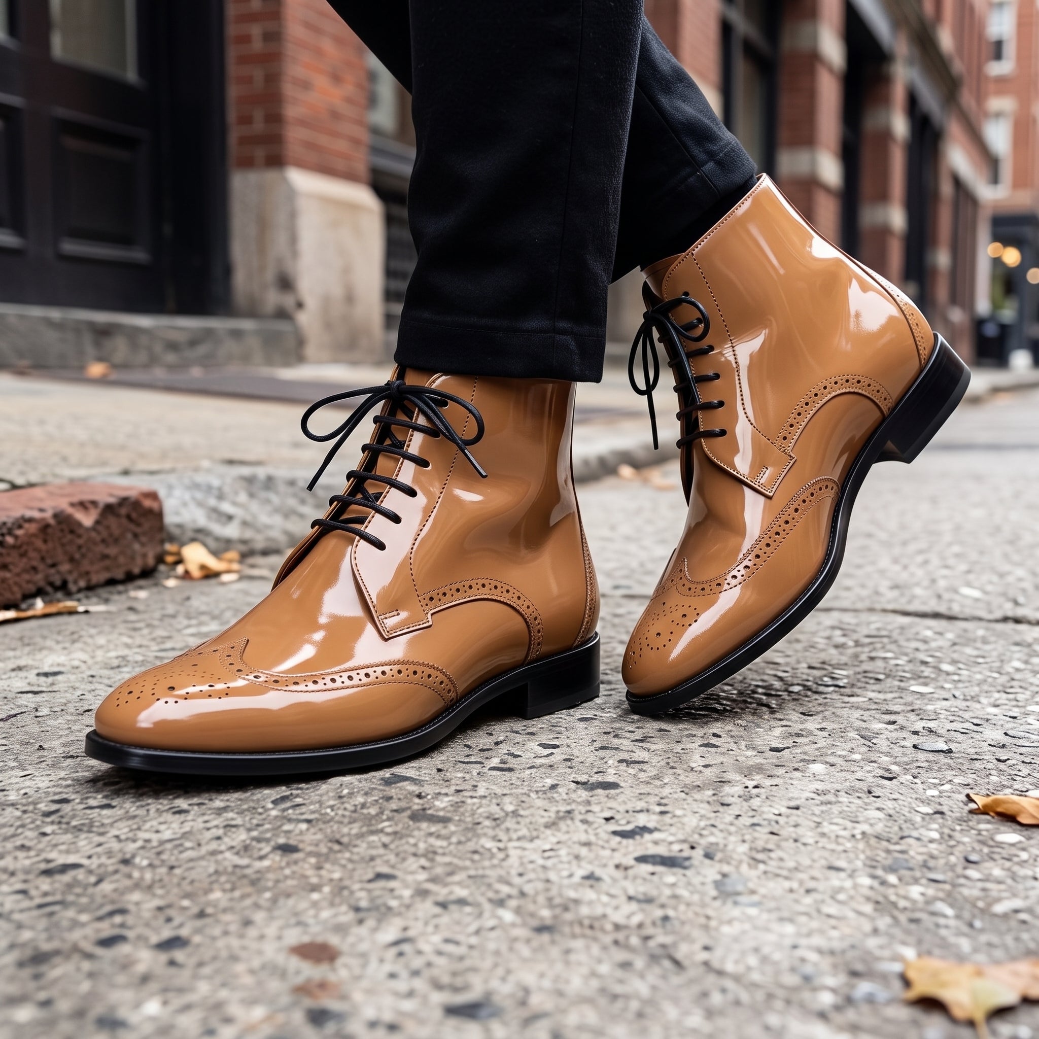 Men's Tan Wingtip Patent Leather Ankle Boots — Bancroft