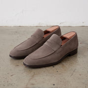 Men's Taupe Suede Apron-Toe Penny Loafers — Harte