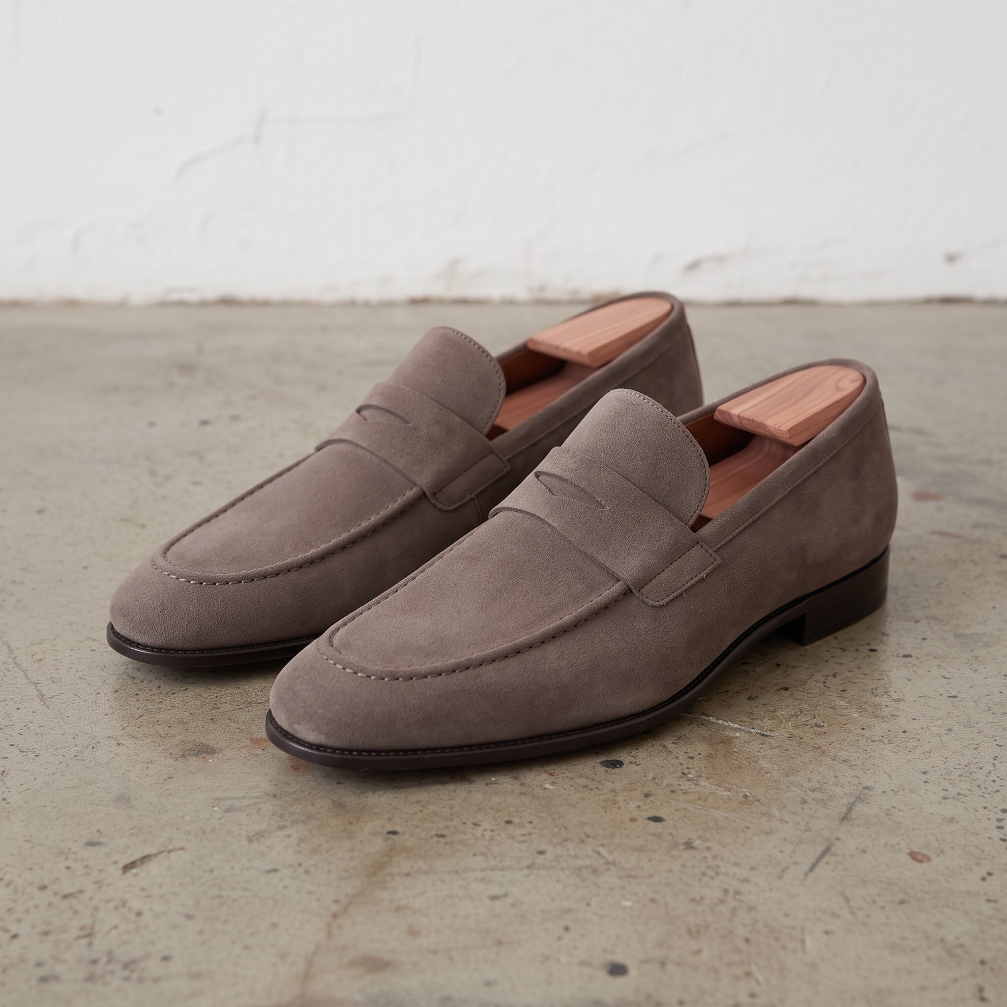 Men's Taupe Suede Apron-Toe Penny Loafers — Harte