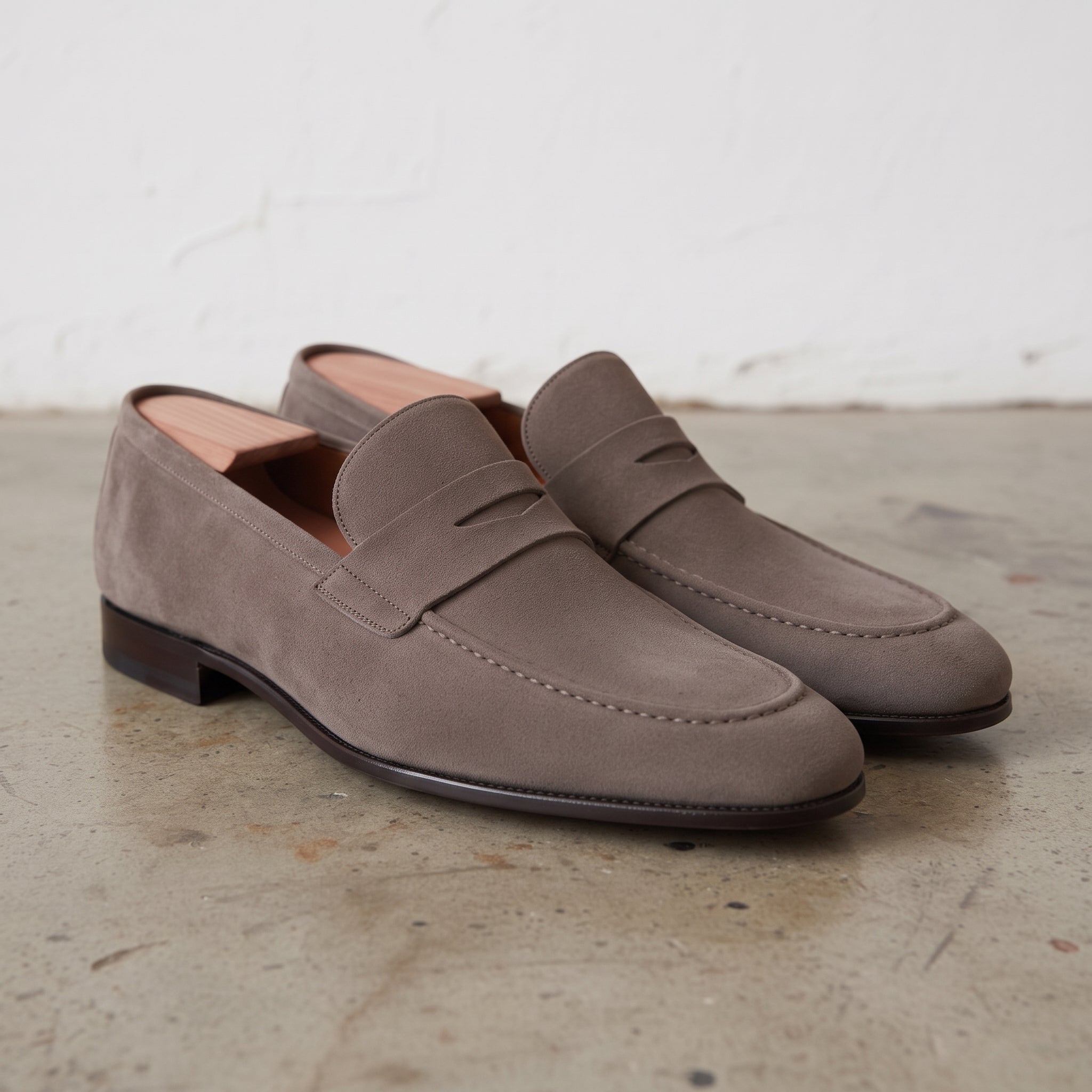 Men's Taupe Suede Apron-Toe Penny Loafers — Harte