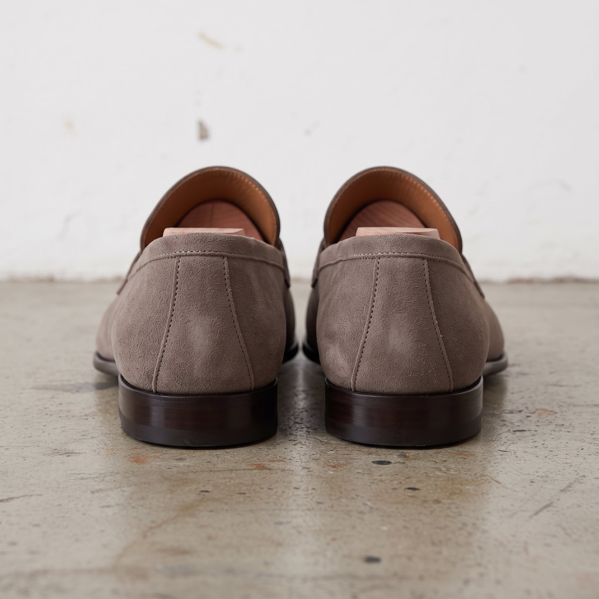 Men's Taupe Suede Apron-Toe Penny Loafers — Harte