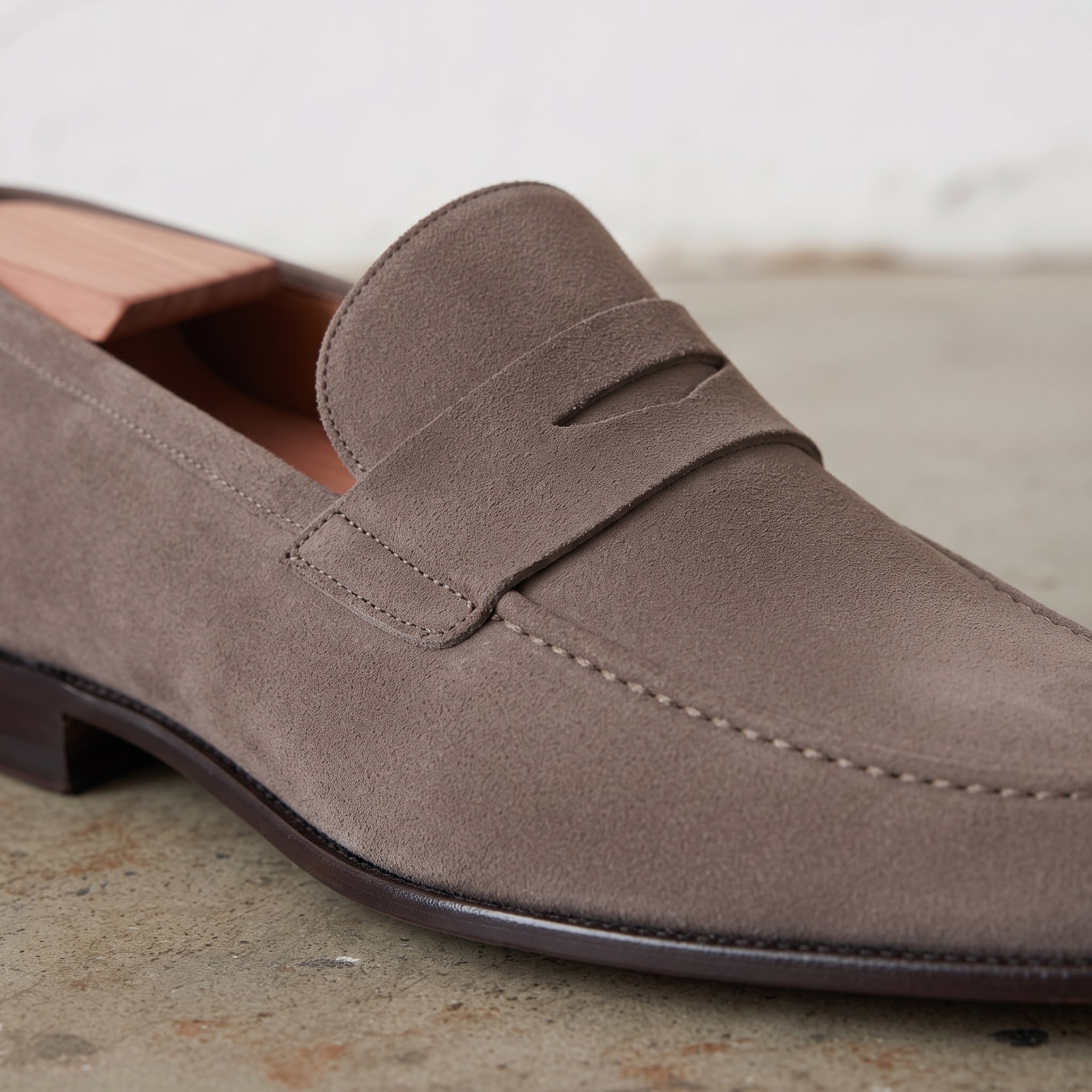 Men's Taupe Suede Apron-Toe Penny Loafers — Harte