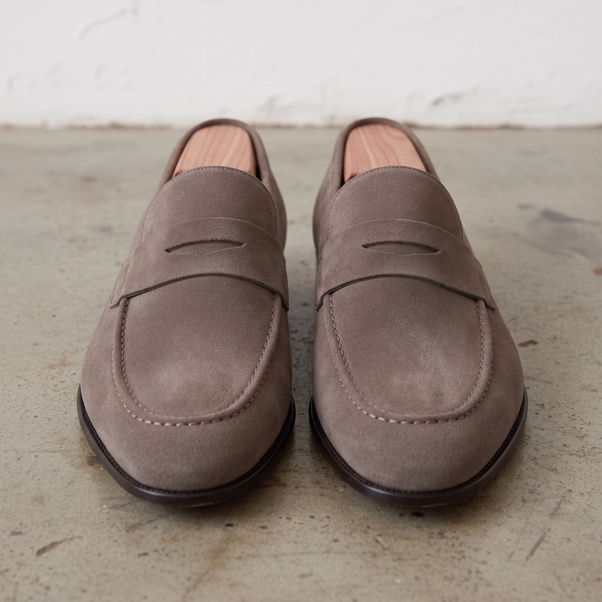 Men's Taupe Suede Apron-Toe Penny Loafers — Harte