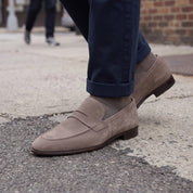 Men's Taupe Suede Apron-Toe Penny Loafers — Harte
