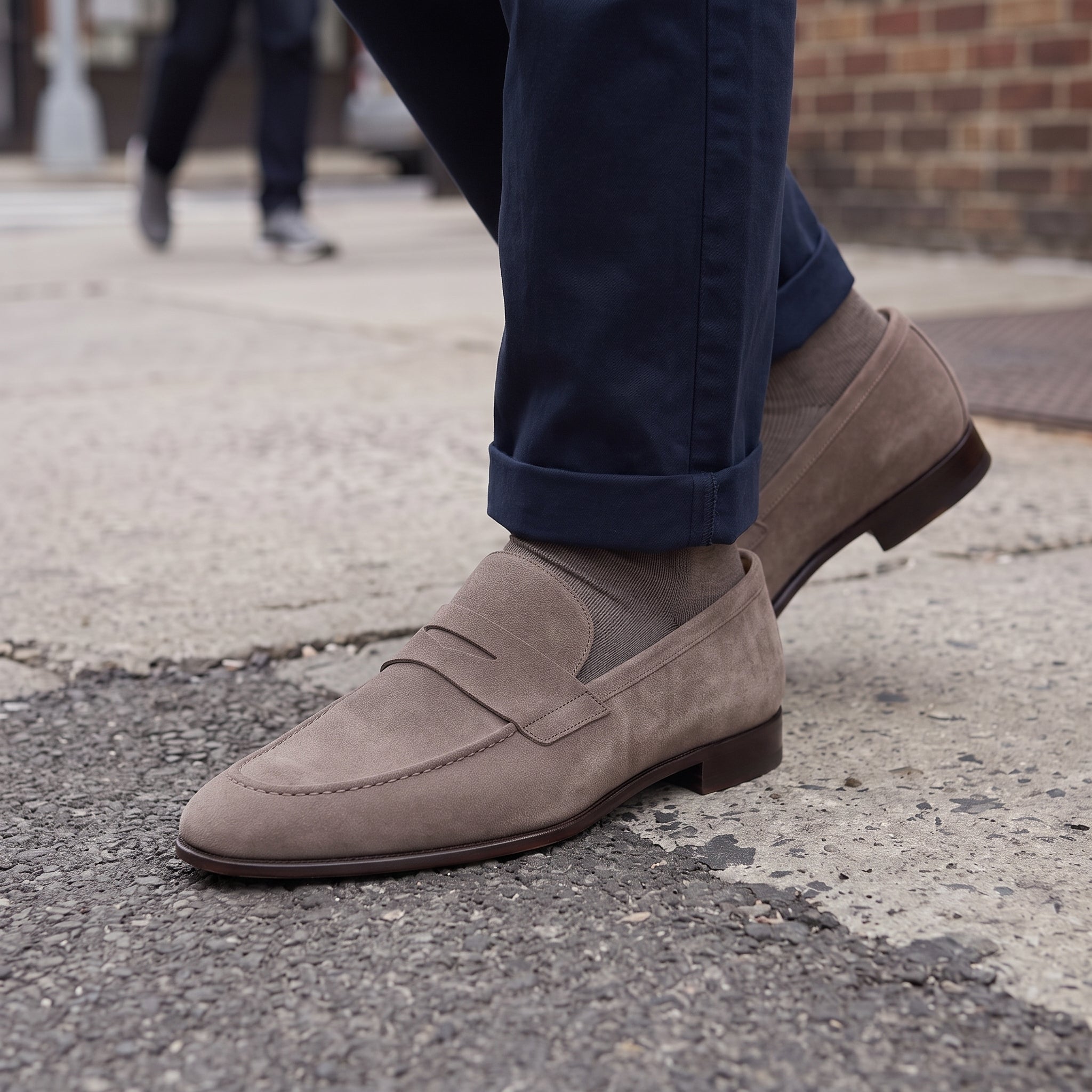 Men's Taupe Suede Apron-Toe Penny Loafers — Harte