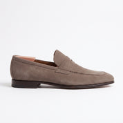 Men's Taupe Suede Apron-Toe Penny Loafers — Harte