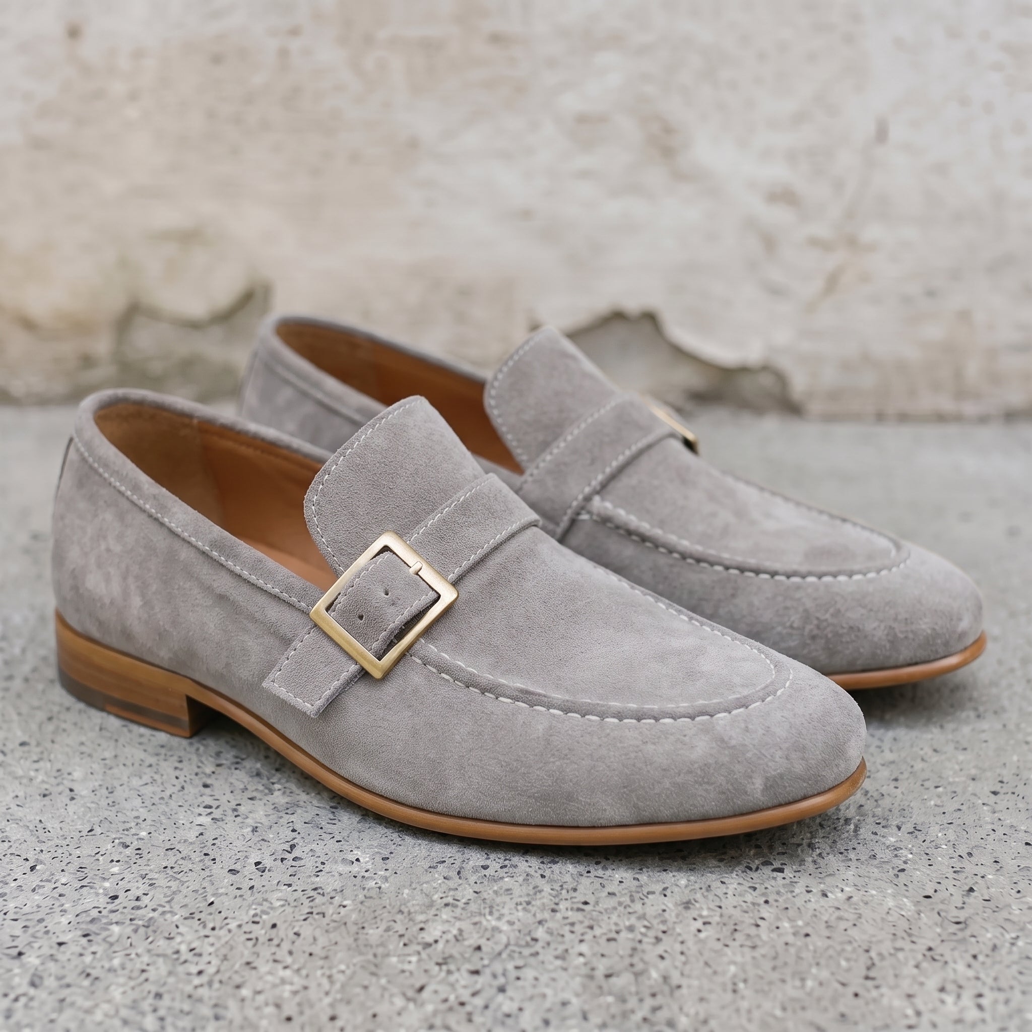 Men's Light Gray Suede Monk Strap Loafers — Abborfield