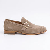 Men's Taupe Moc-Toe Suede Buckle Loafers — Abborfield