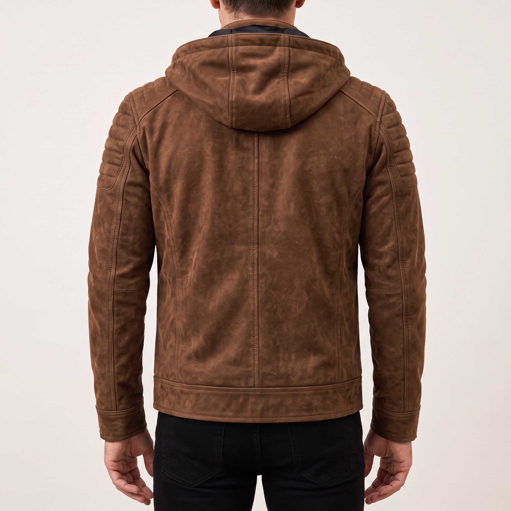 Men's Tobacco Brown Suede Hooded Moto Jacket — Shaw