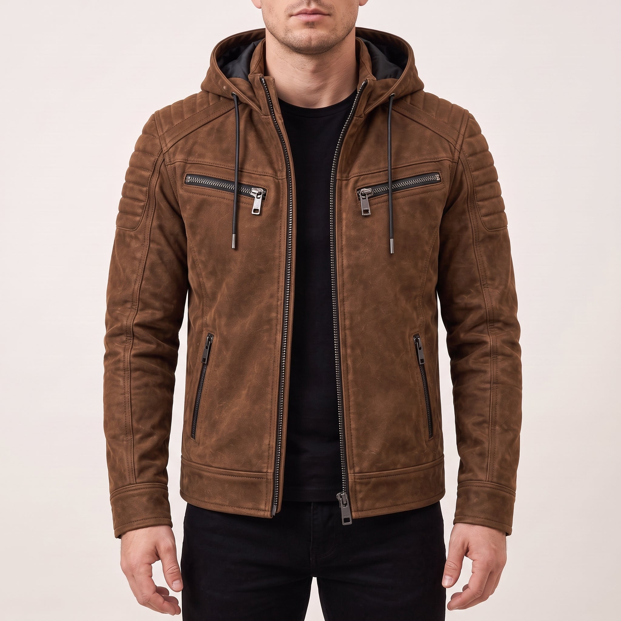 Men's Tobacco Brown Suede Hooded Moto Jacket — Shaw