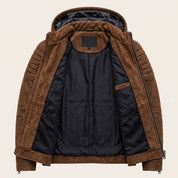 Men's Tobacco Brown Suede Hooded Moto Jacket — Shaw