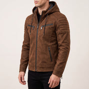 Men's Tobacco Brown Suede Hooded Moto Jacket — Shaw